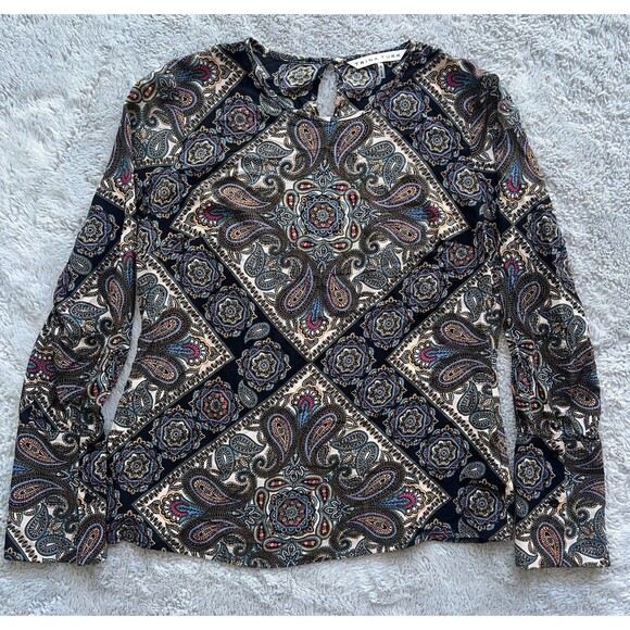 Trina Turk Women’s 100% Silk Paisley Blouse Medium Boho Long Sleeve Multicolor - Picture 1 of 7